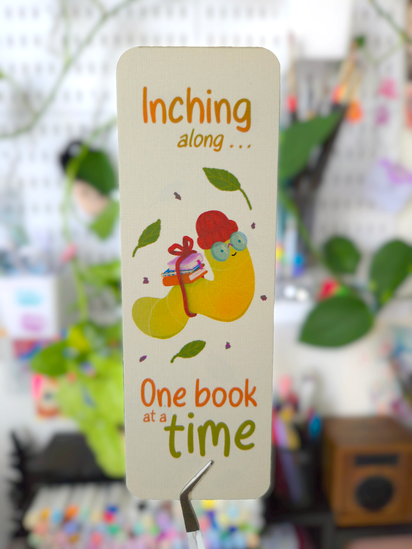 Inching Along Bookmark - Cute Bookworm Inchworm | Linen Textured Cardstock