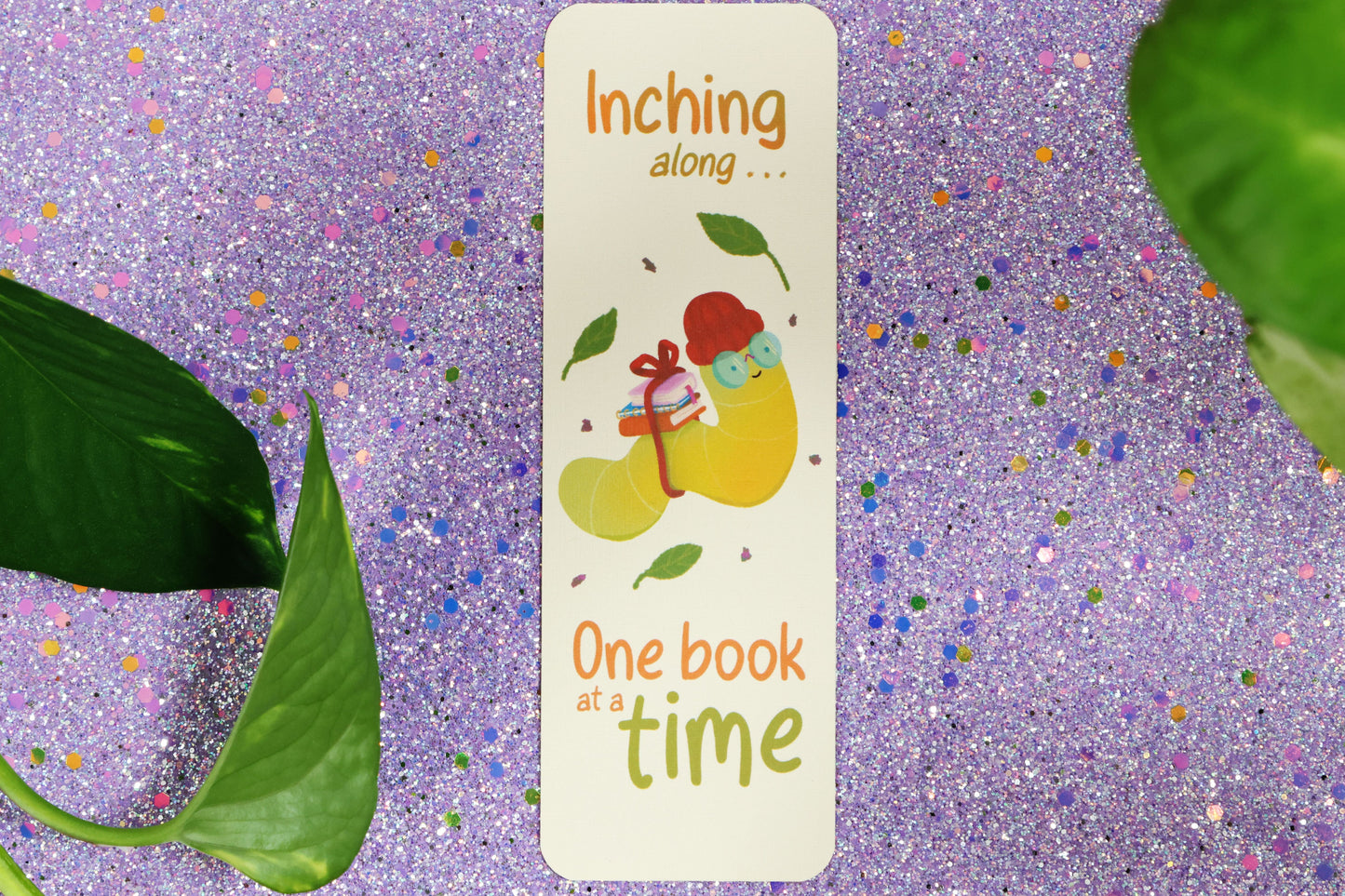 Inching Along Bookmark - Cute Bookworm Inchworm | Linen Textured Cardstock