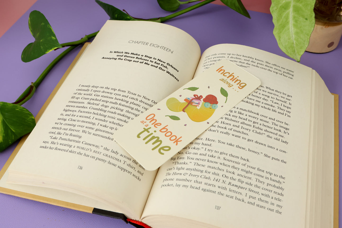 Inching Along Bookmark - Cute Bookworm Inchworm | Linen Textured Cardstock