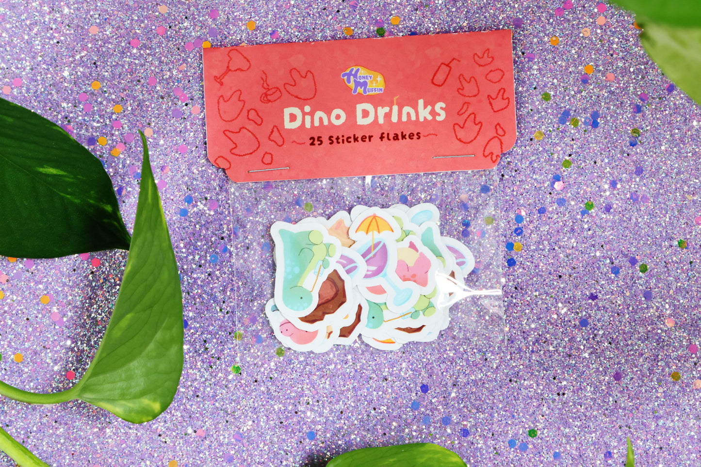 Dino Drinks Sticker Flakes - 25 Cute Dinosaur Drink Stickers | Glossy Vinyl Pack
